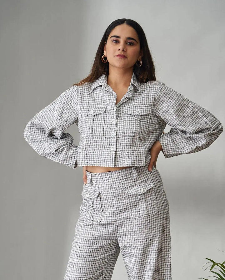 Women's dobby co-ord set by Risate featuring a cropped jacket and tailored pants in a stylish check pattern