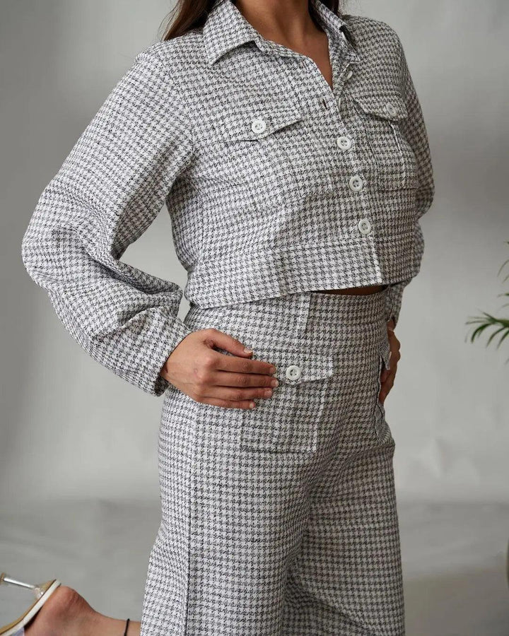 Stylish women's dobby co-ord set featuring a cropped jacket and tailored pants