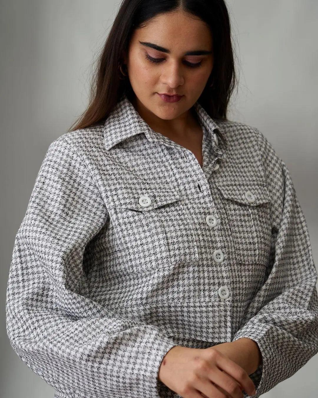 Risate women's dobby co-ord set featuring a stylish button-up shirt with a modern houndstooth pattern