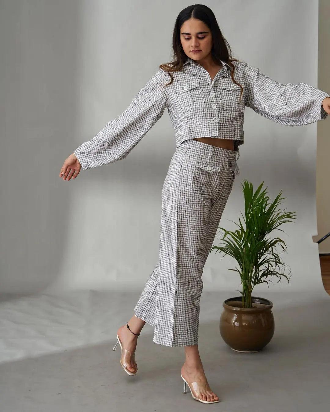 Stylish women's dobby co-ord set featuring a cropped top and wide-leg pants for trendy outfits
