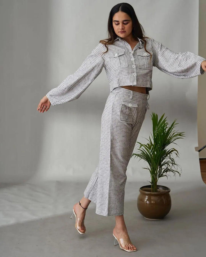 Stylish women's dobby co-ord set featuring a cropped top and wide-leg pants for trendy outfits