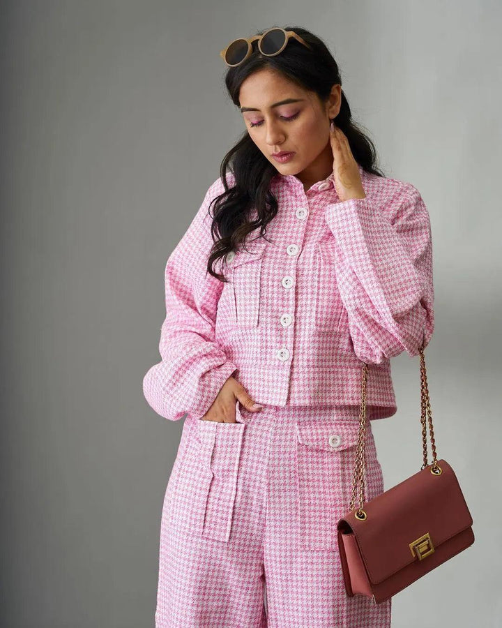 Stylish women's dobby co-ord set in pink with a cropped jacket and matching pants, perfect for casual outings