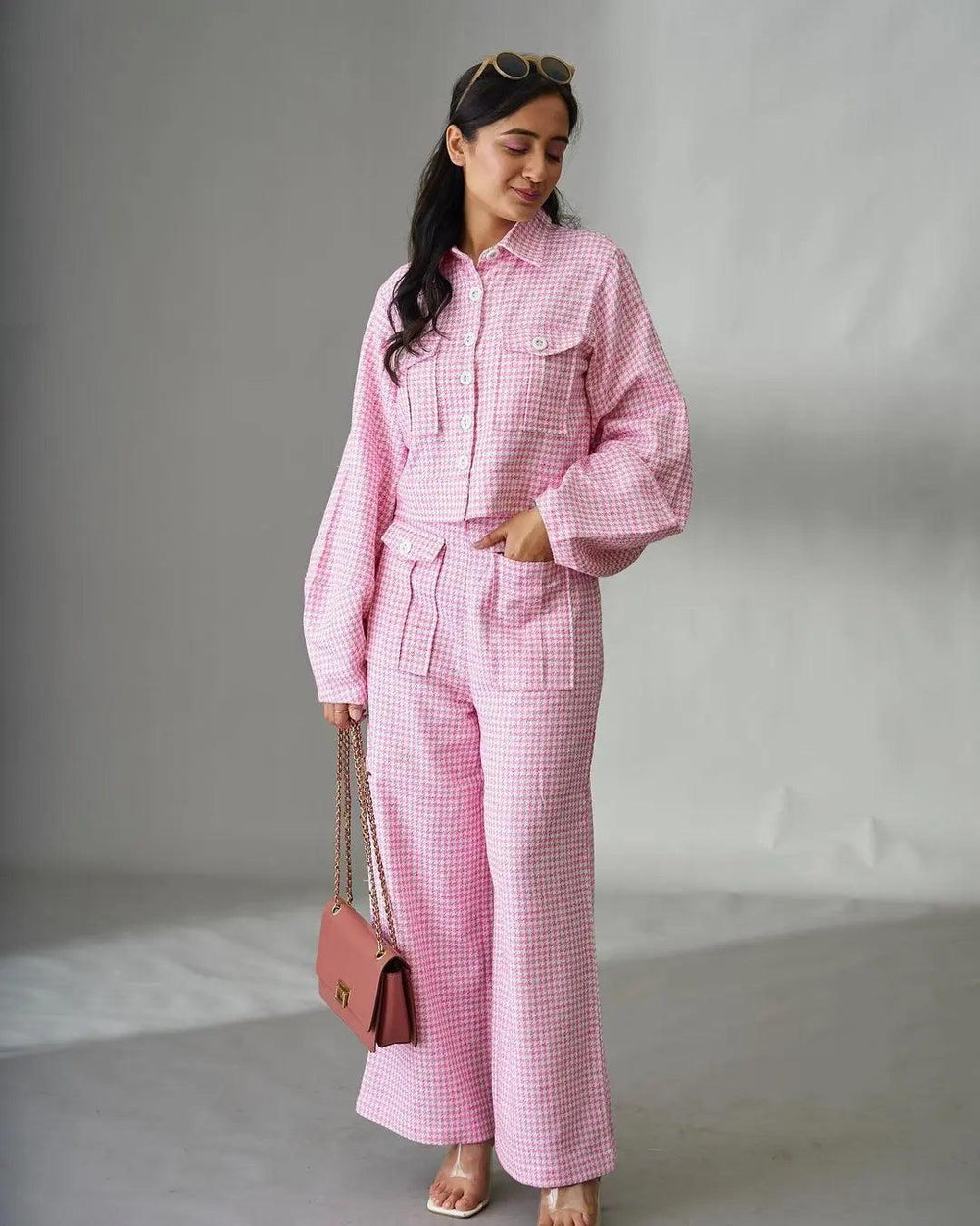 Risate women's dobby co-ord set in pink check pattern with stylish oversized top and wide-leg pants