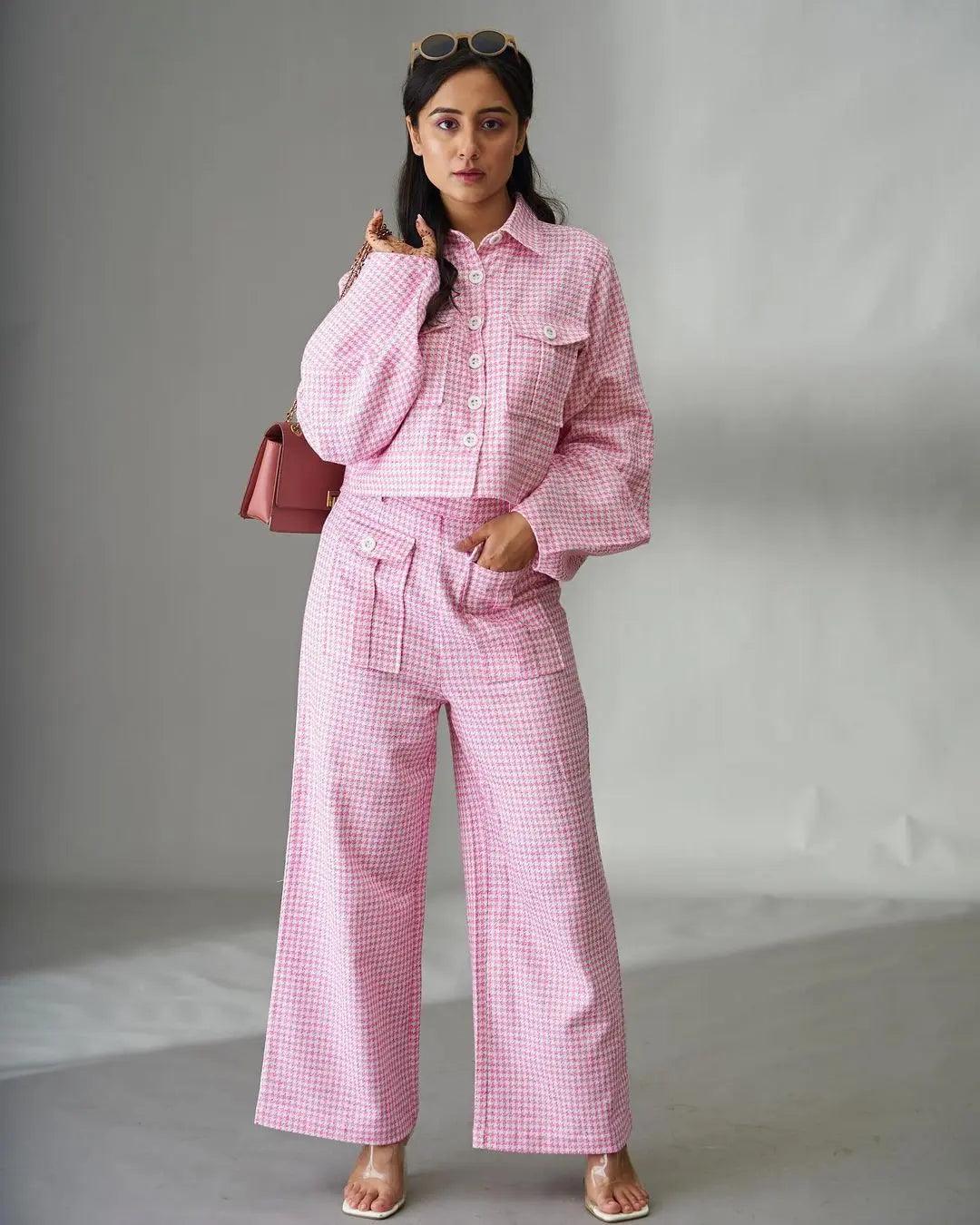 Risate women's dobby co-ord set in pink check with button-up top and wide-leg pants
