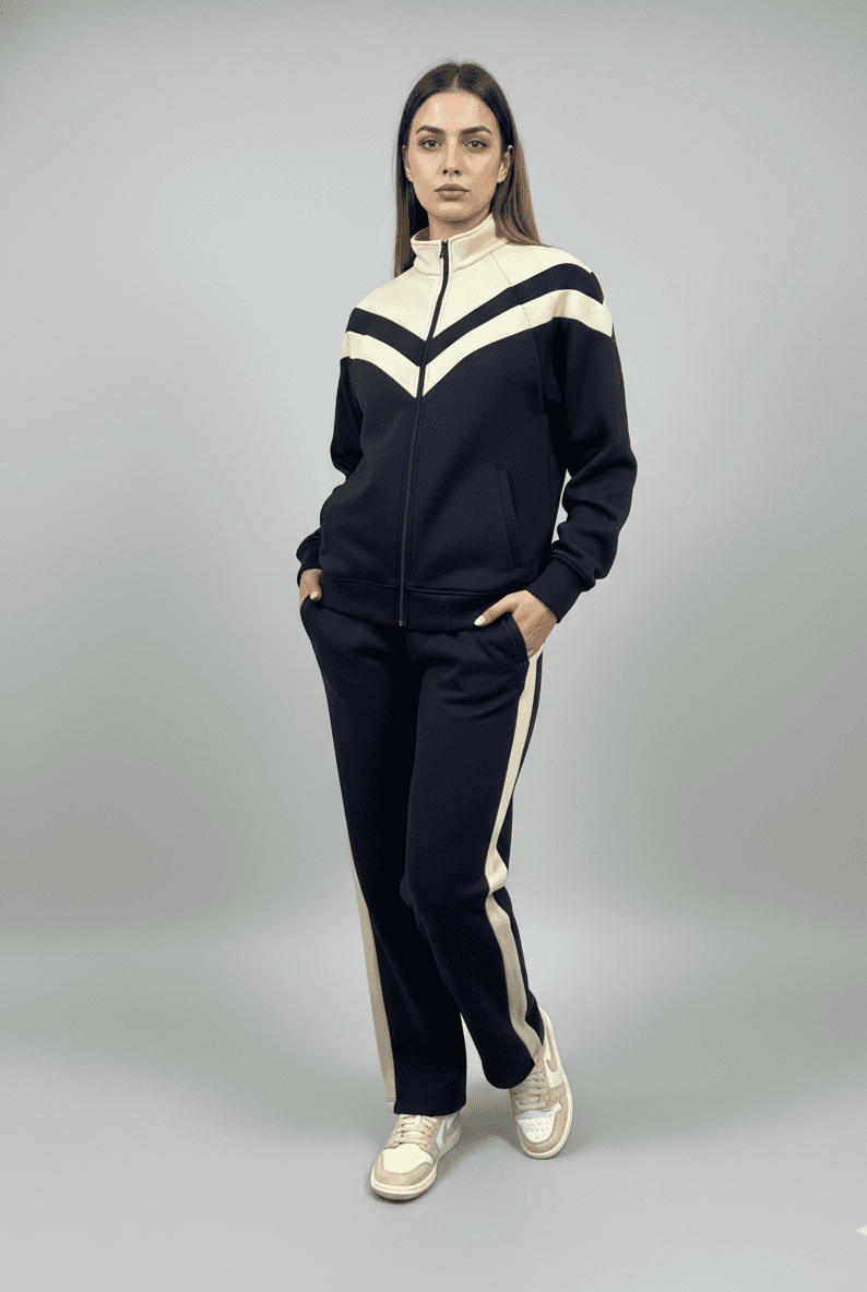 Stylish women's fleece co-ord set in black and cream with a sporty zip-up jacket and matching pants