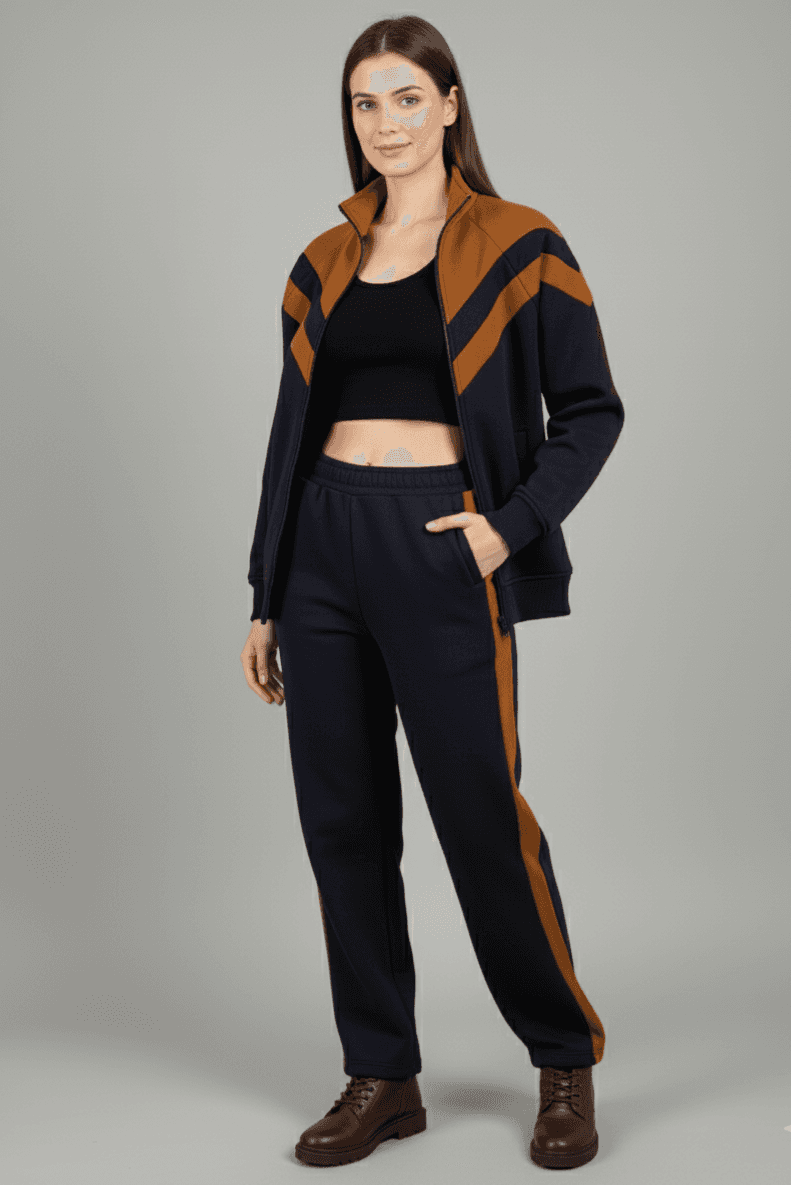 Stylish women's fleece co-ord set featuring a zip-up jacket and matching pants in navy and brown