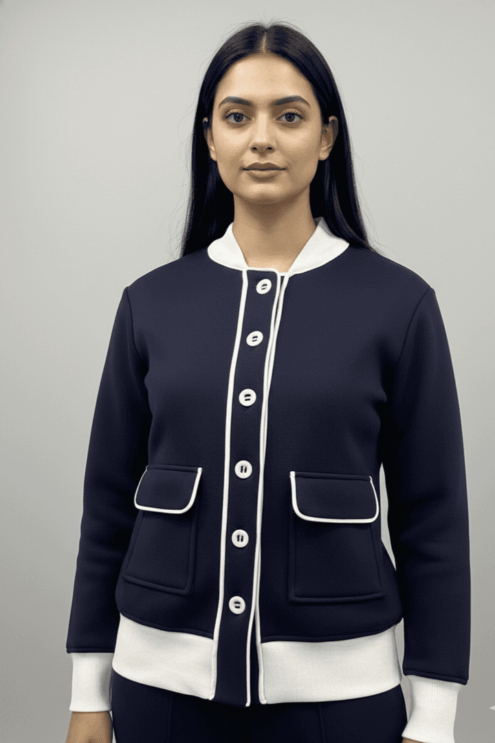 Risate women's fleece co-ord set featuring a stylish button-up jacket with contrasting pockets