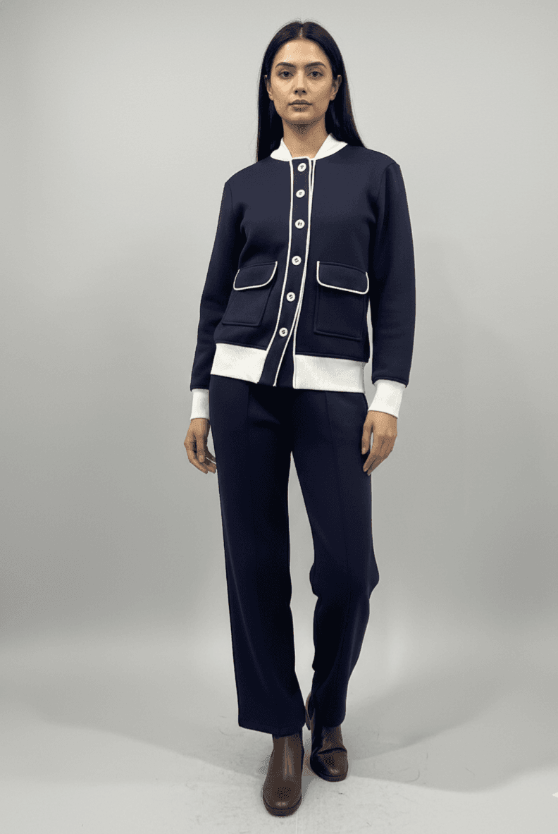 Risate women's fleece co-ord set featuring a stylish jacket and matching pants in navy blue