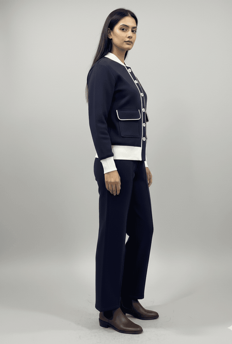 Risate women's fleece co-ord set featuring a stylish zip-up jacket and matching pants in navy blue