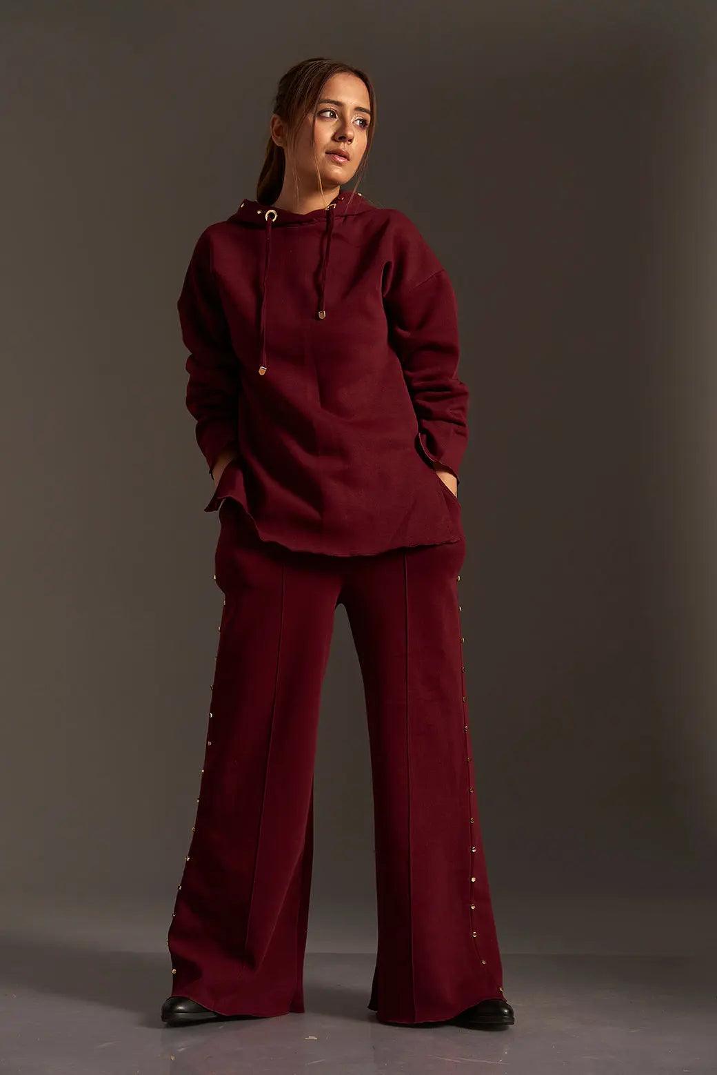 Risate women's fleece co ord sets in burgundy featuring a cozy hoodie and stylish wide-leg pants