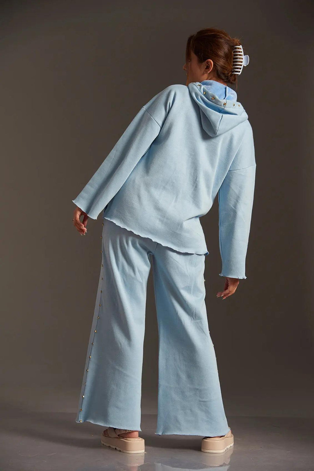 Light blue women's fleece co ord sets from Risate with relaxed fit and casual style