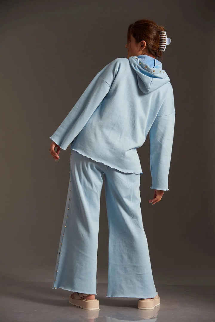 Light blue women's fleece co ord sets from Risate with relaxed fit and casual style