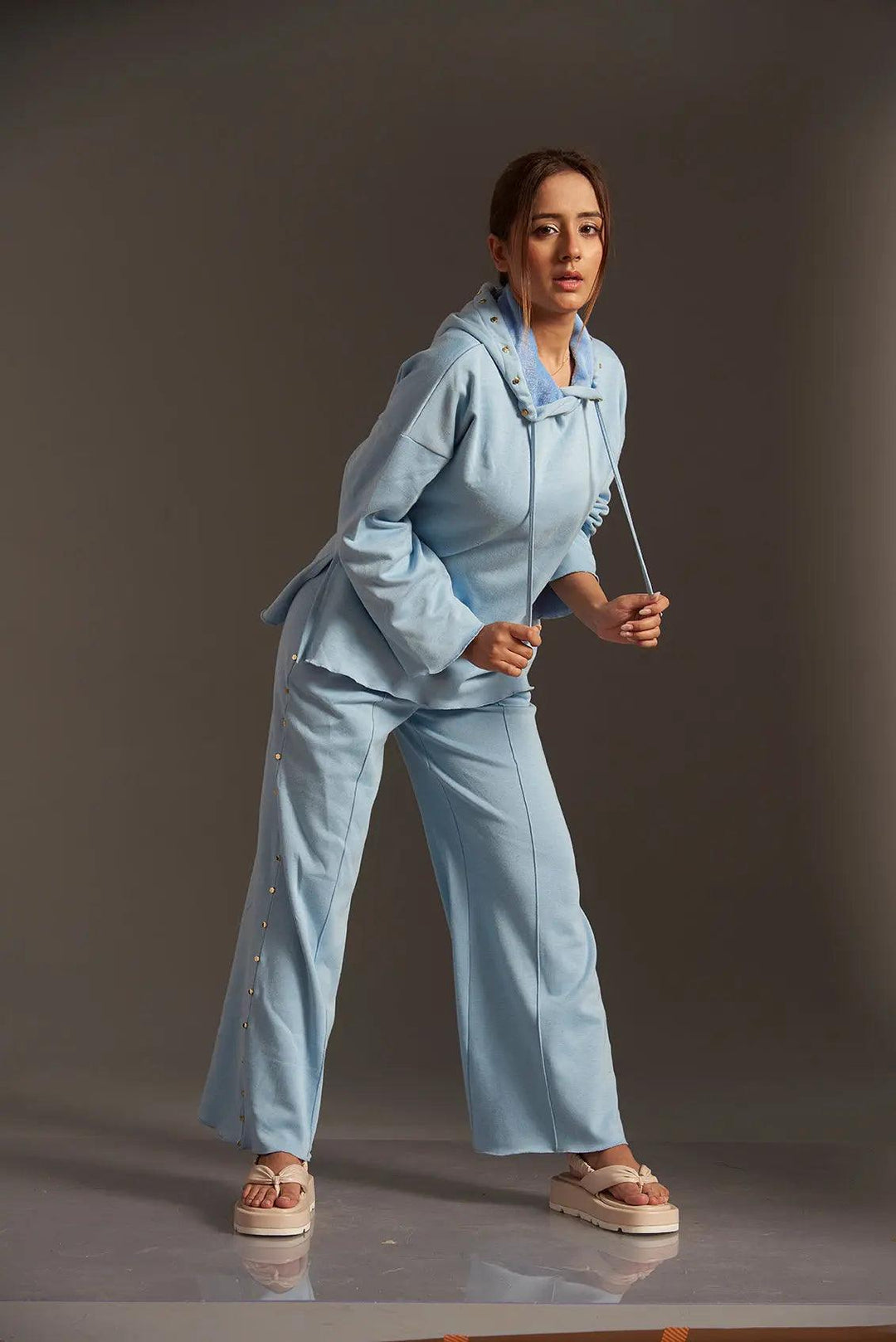 Risate women's fleece co ord sets in light blue with a stylish hoodie and matching pants