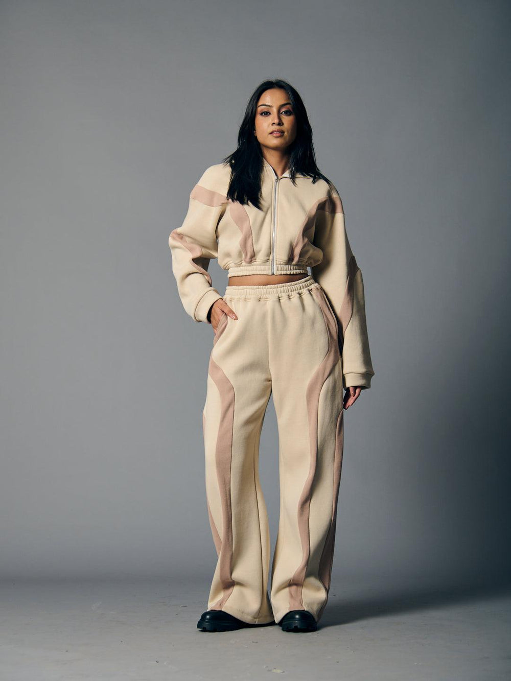 Risate women's fleece coord set in cream with stylish stripes, perfect for cozy outings