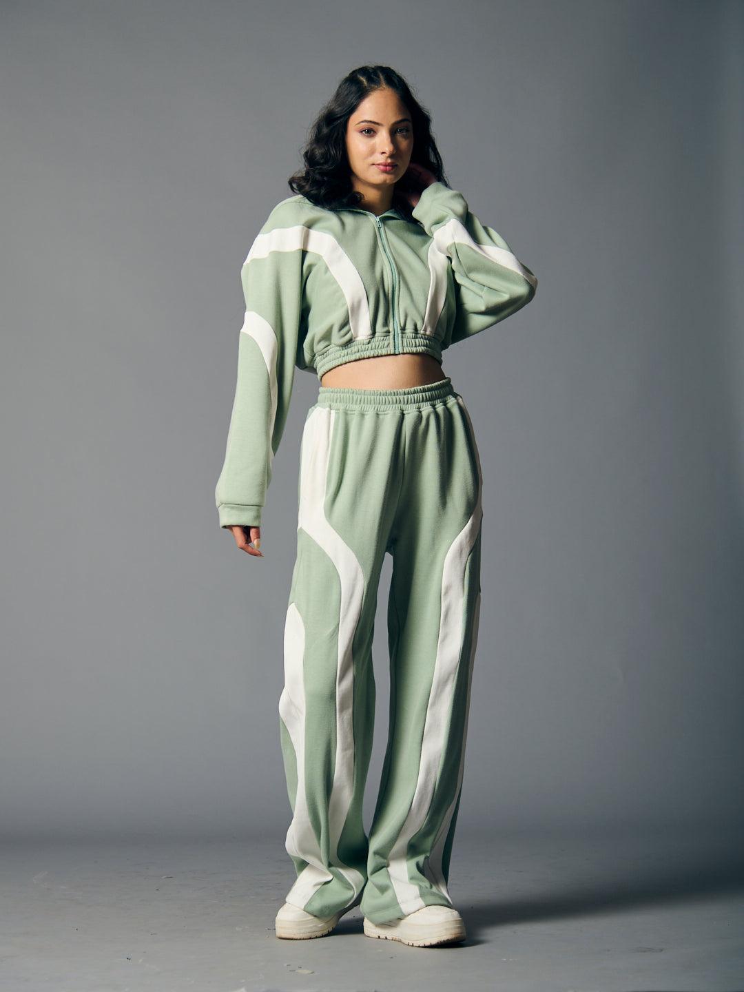 Risate women's fleece coord set in green with white stripes for a stylish and comfortable look