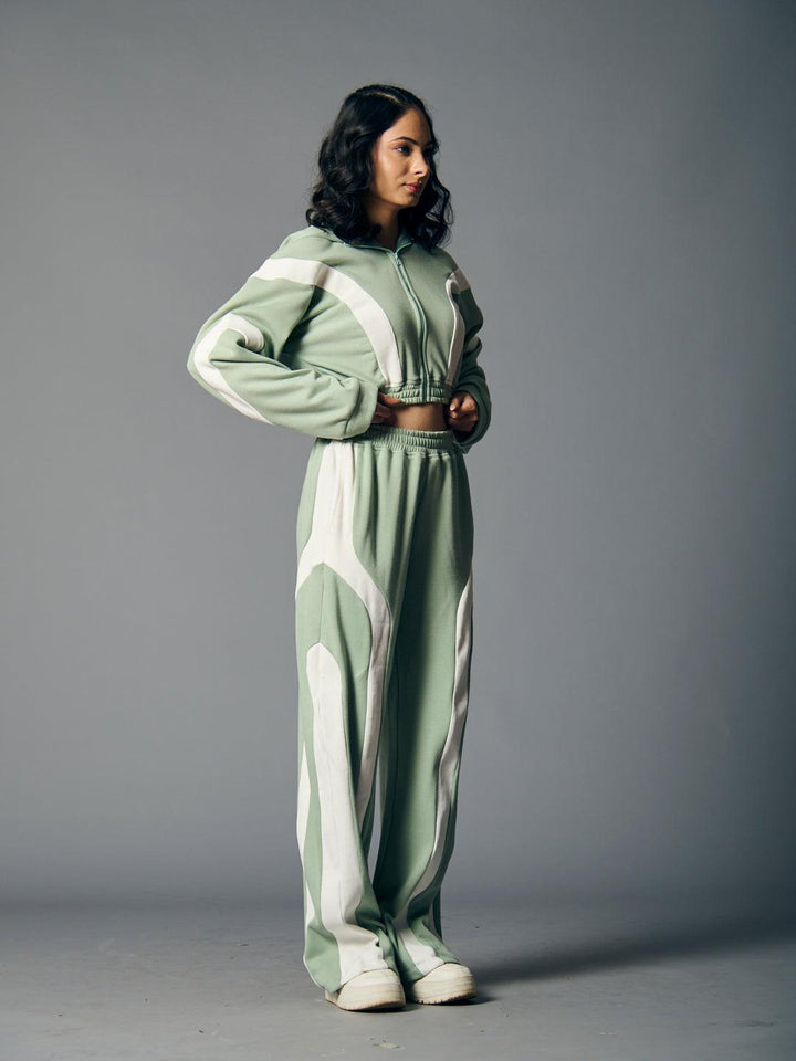 Risate women's fleece coord set featuring a stylish cropped hoodie and wide-leg pants in green and white