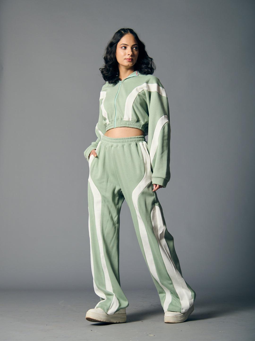 Women's fleece coord set in green with stylish stripes for cozy and trendy outfits.