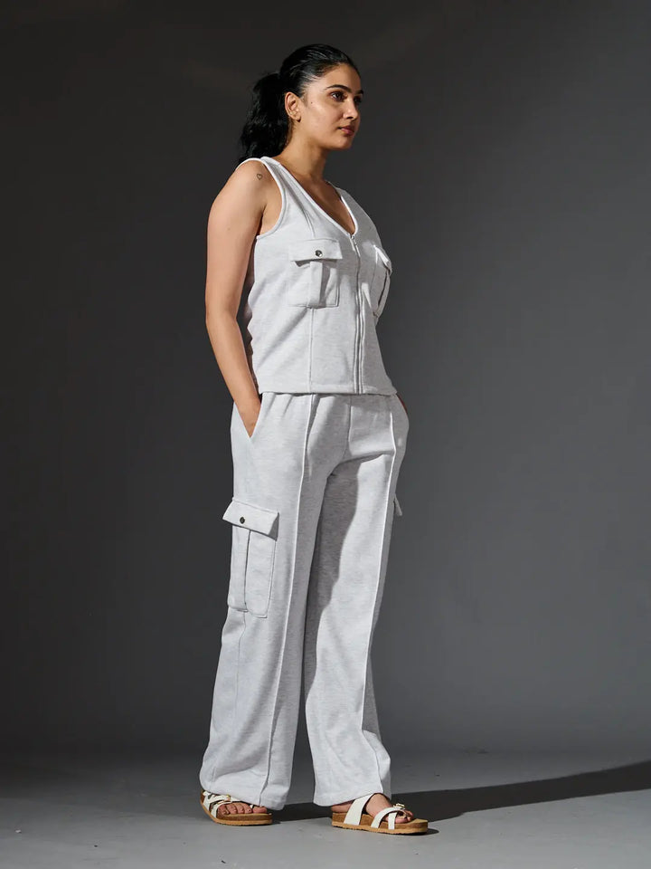 Risate women's fleece coords set featuring a sleeveless top and jogger pants in light gray