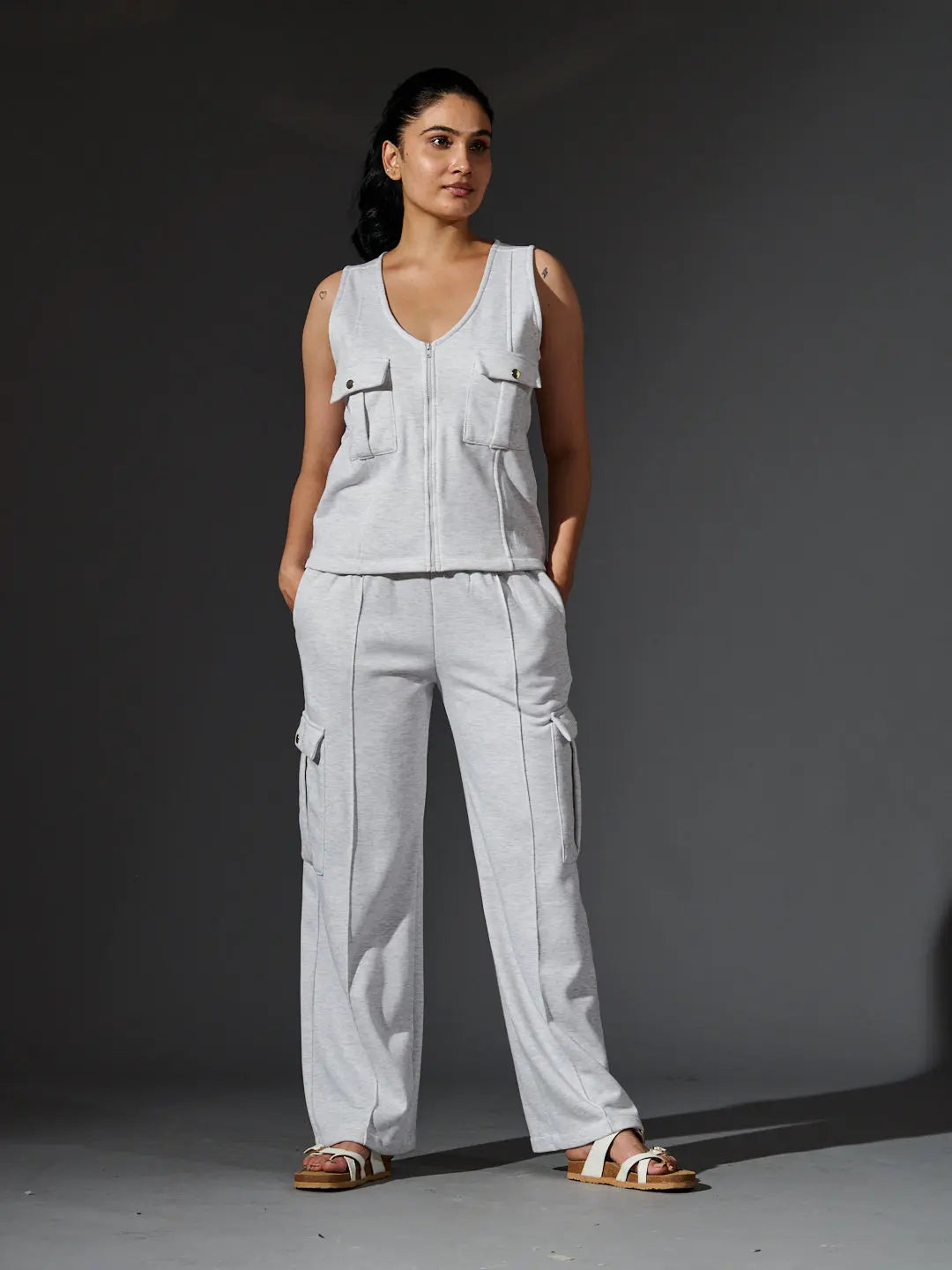 Risate women's fleece coords set featuring a sleeveless top and cargo-style pants in gray
