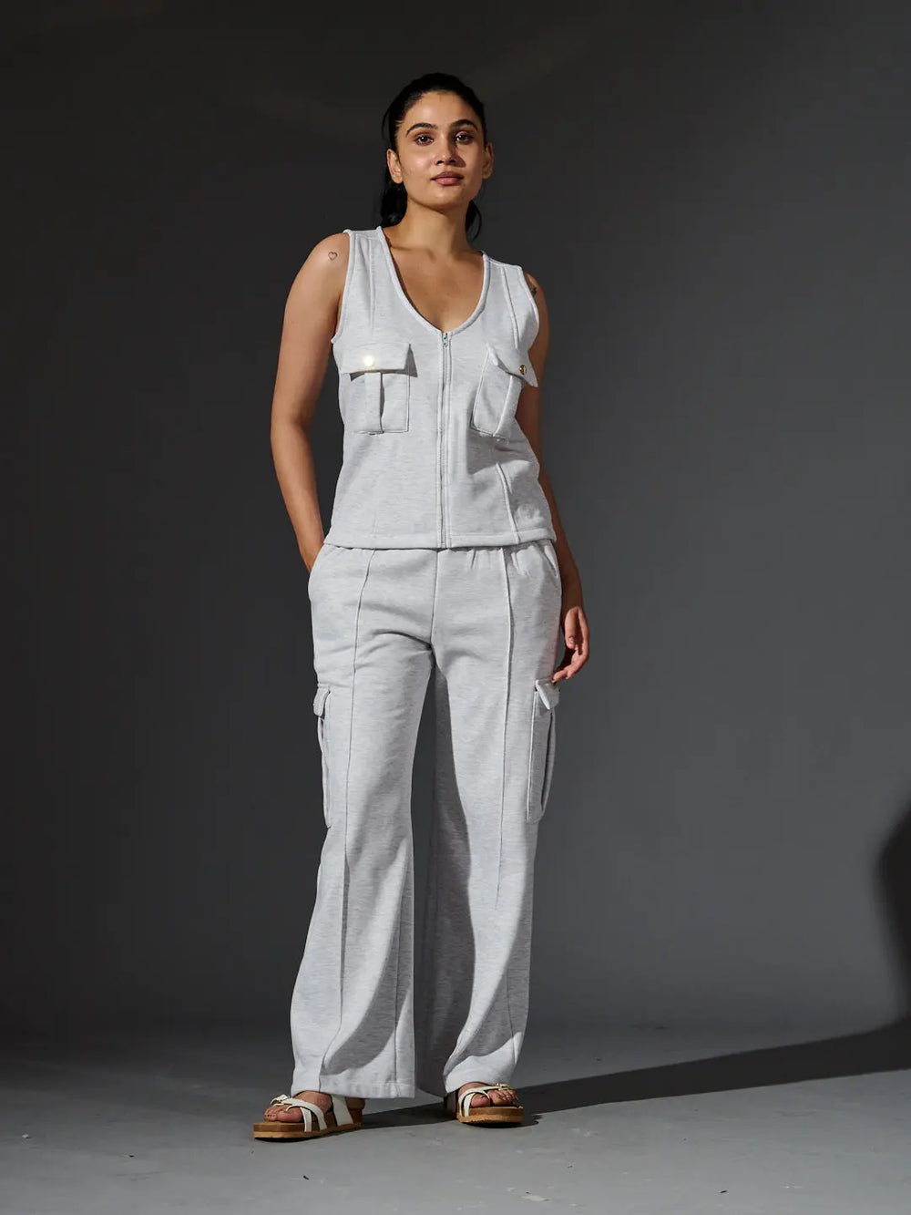 Grey women's fleece coords set from Risate featuring a sleeveless top and wide-leg pants