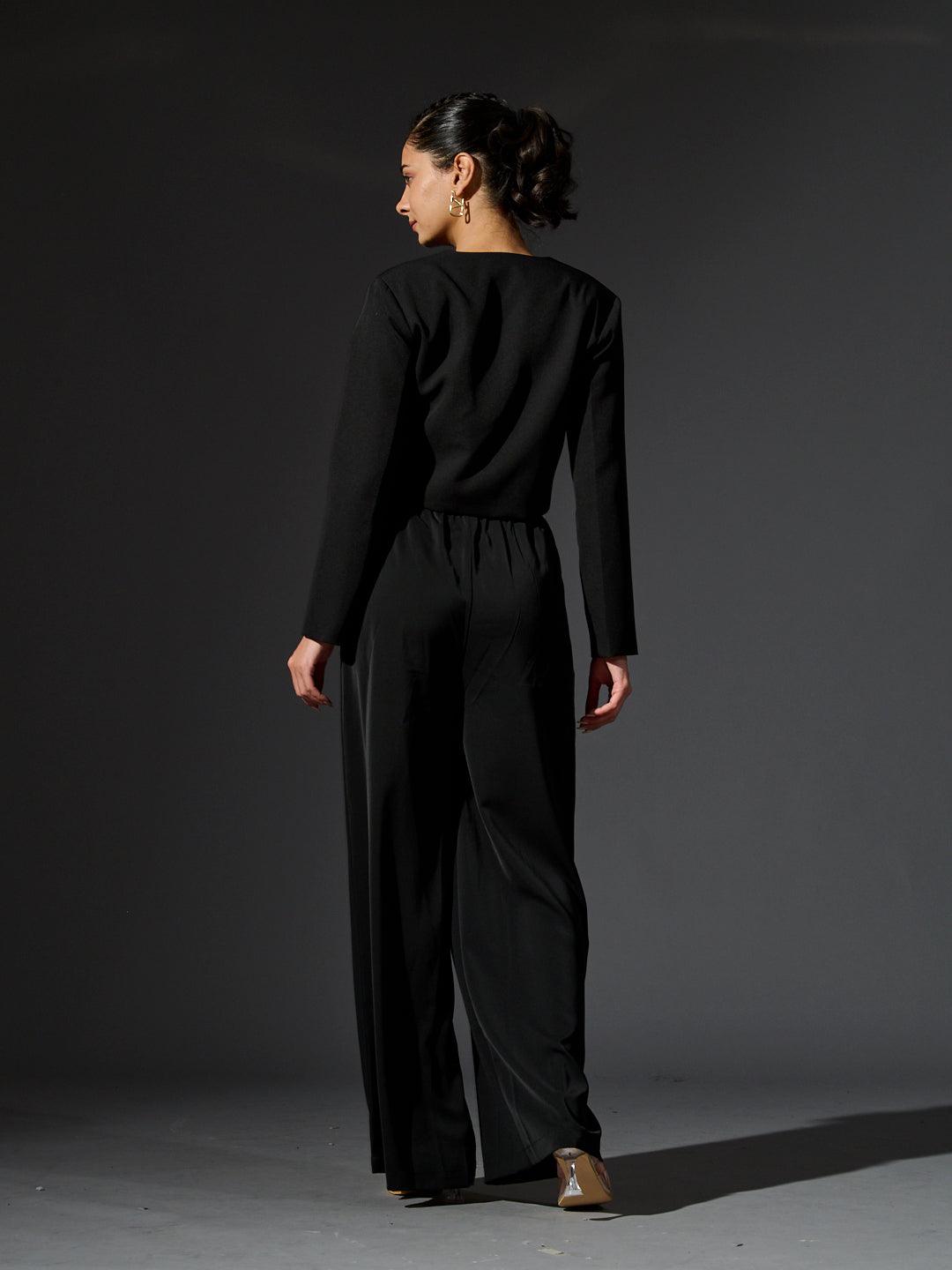 Elegant women's full sleeves waistcoat set in black, featuring a chic back design and tailored fit.