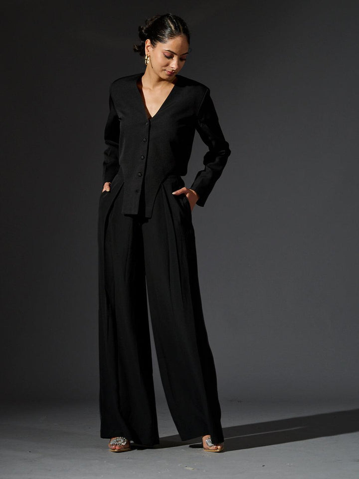 Risate women's full sleeves waistcoat set in black with stylish wide-leg pants and a button-up top