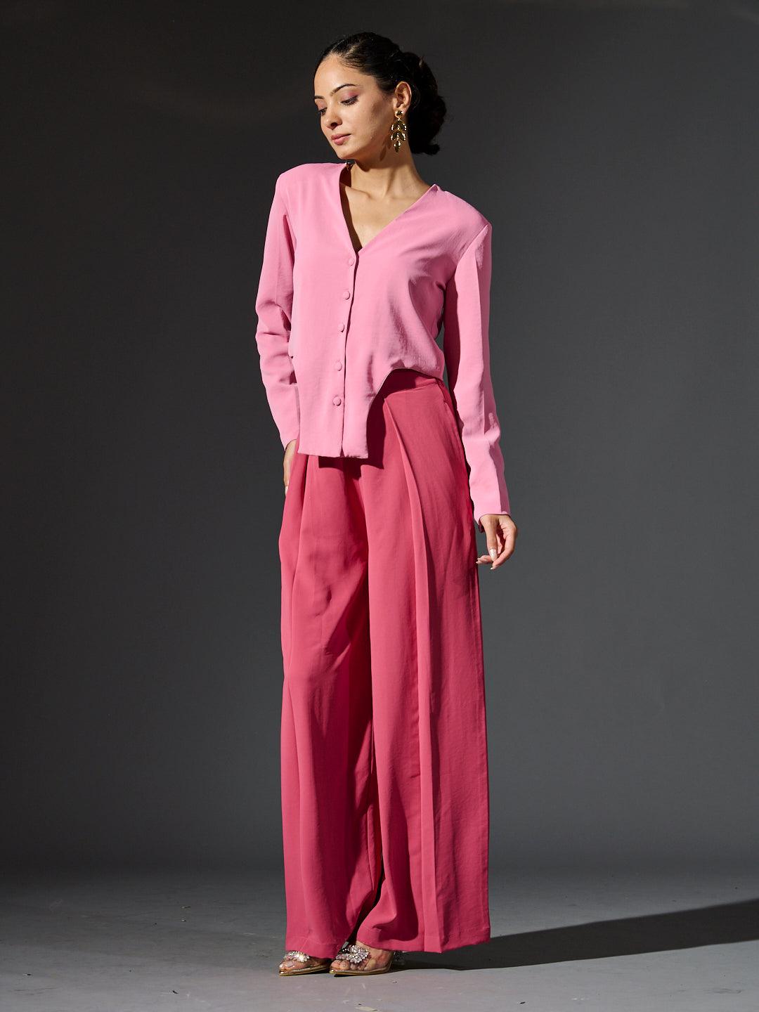 Women's full sleeves waistcoat set in pink with a stylish button-up top and wide-leg pants