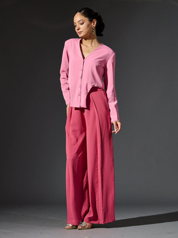 Women's full sleeves waistcoat set in pink with a stylish button-up top and wide-leg pants