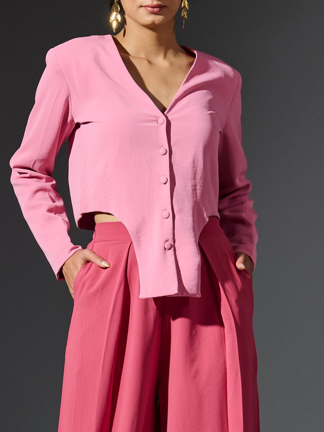 Risate women's full sleeves waistcoat set in pink featuring a buttoned top and stylish pants