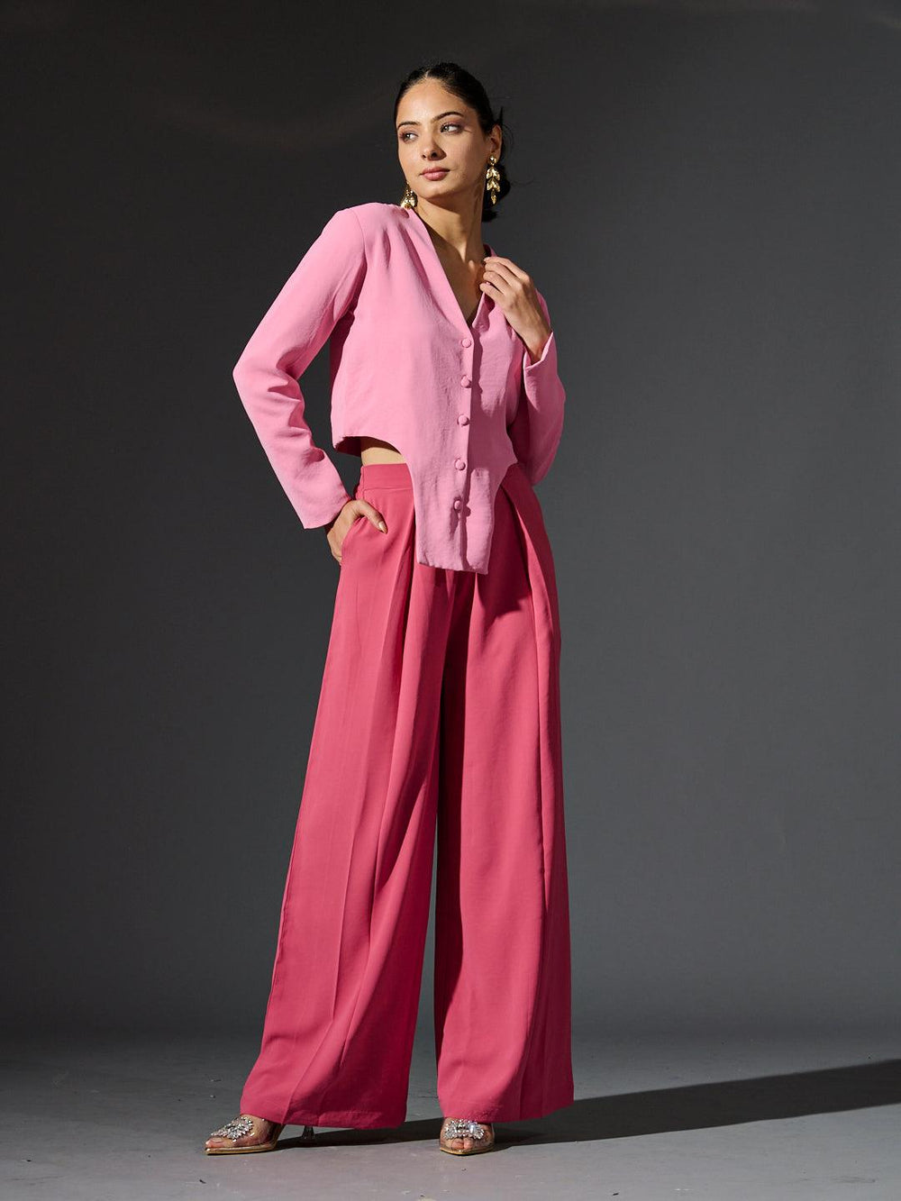 Risate women's full sleeves waistcoat set in pink featuring a stylish cropped jacket and wide-leg pants