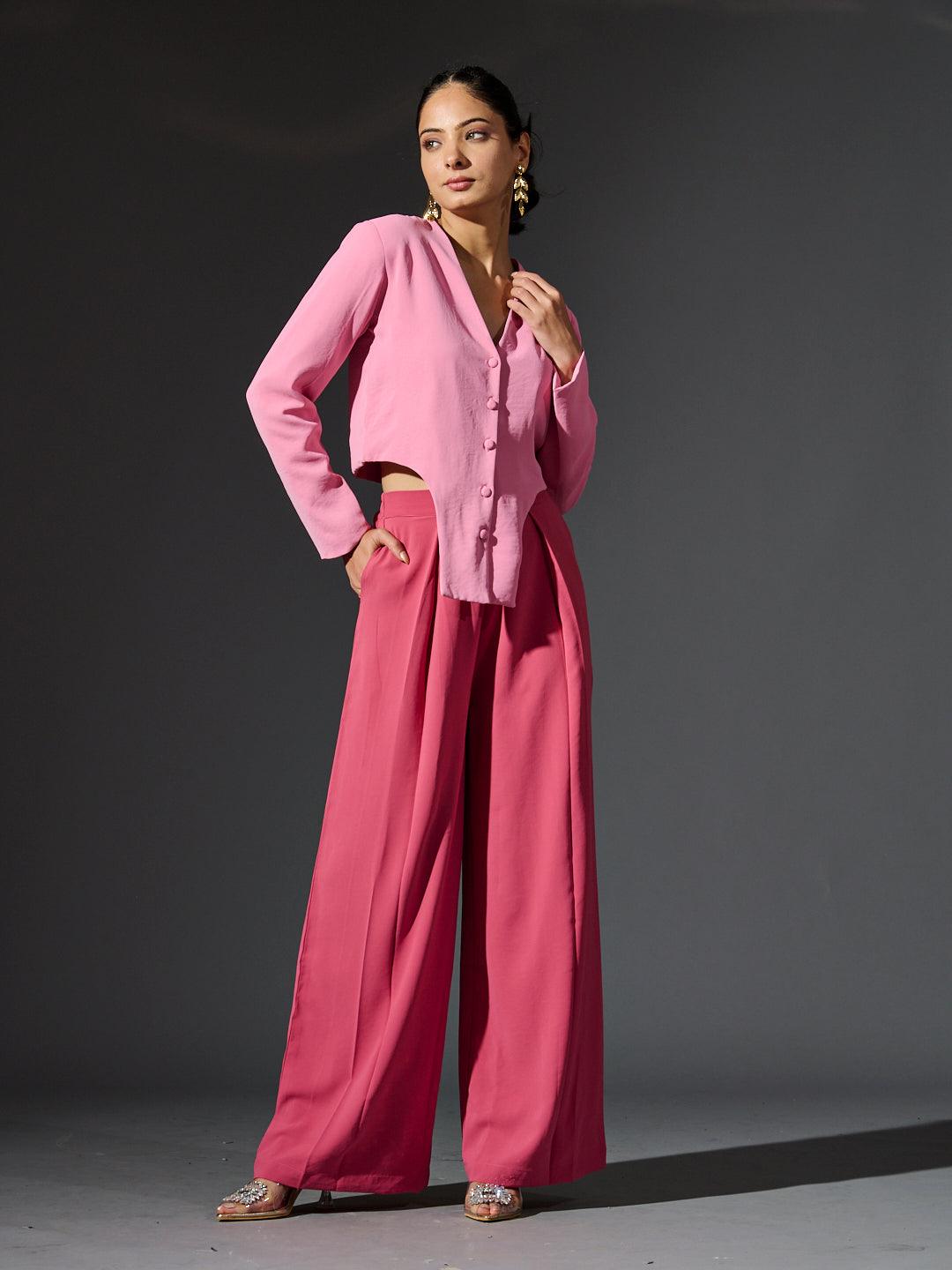 Risate women's full sleeves waistcoat set in pink featuring a stylish cropped jacket and wide-leg pants