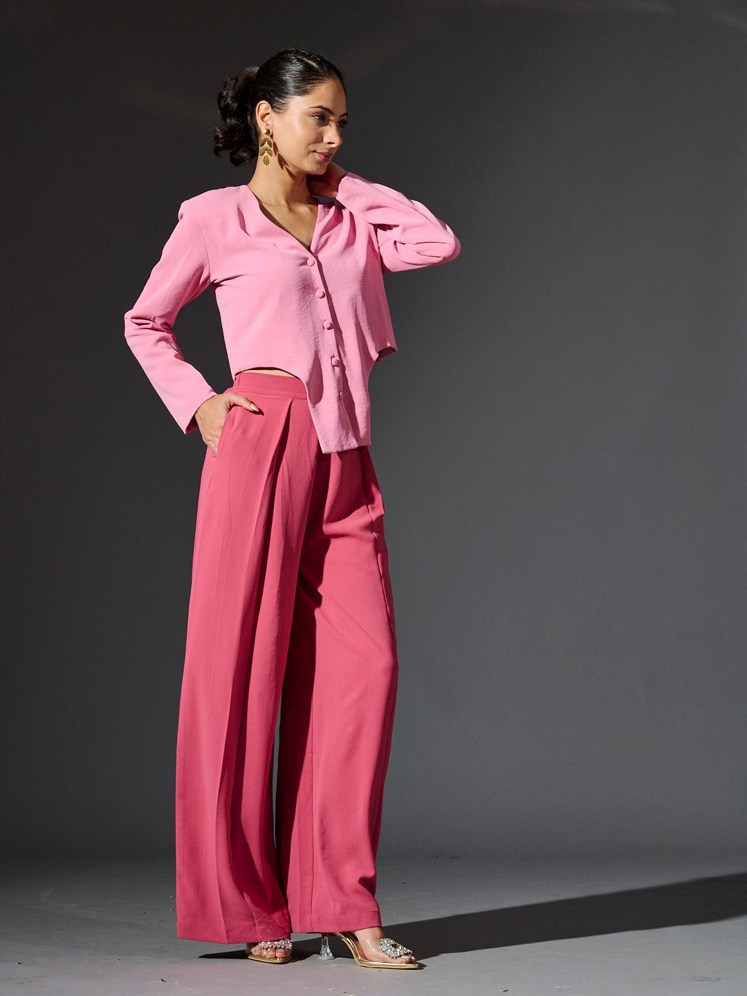 Risate women's full sleeves waistcoat set in pink featuring a stylish top and wide-leg trousers
