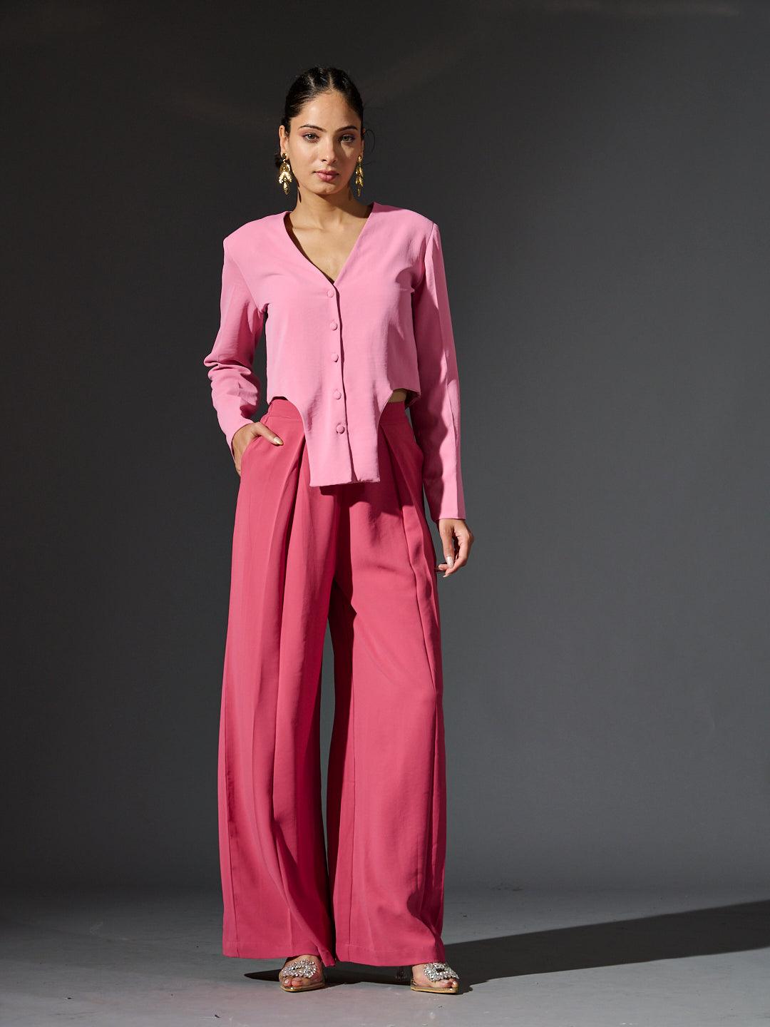 Risate women's full sleeves waistcoat set in pink with wide-leg trousers and stylish button-up top