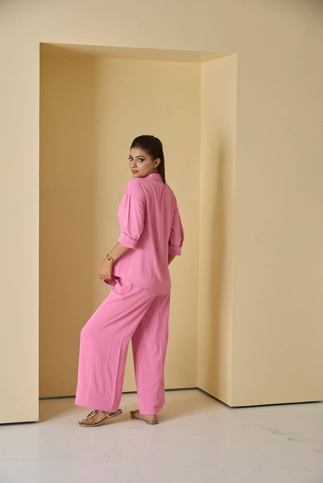 Risate women's pink co ord set featuring a relaxed fit top and wide-leg pants for stylish comfort