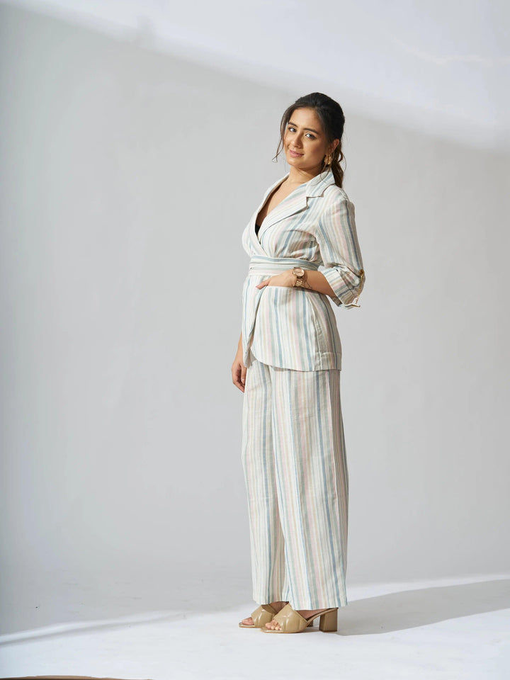Elegant women's striped linen blazer set featuring a stylish wrap blazer and matching pants