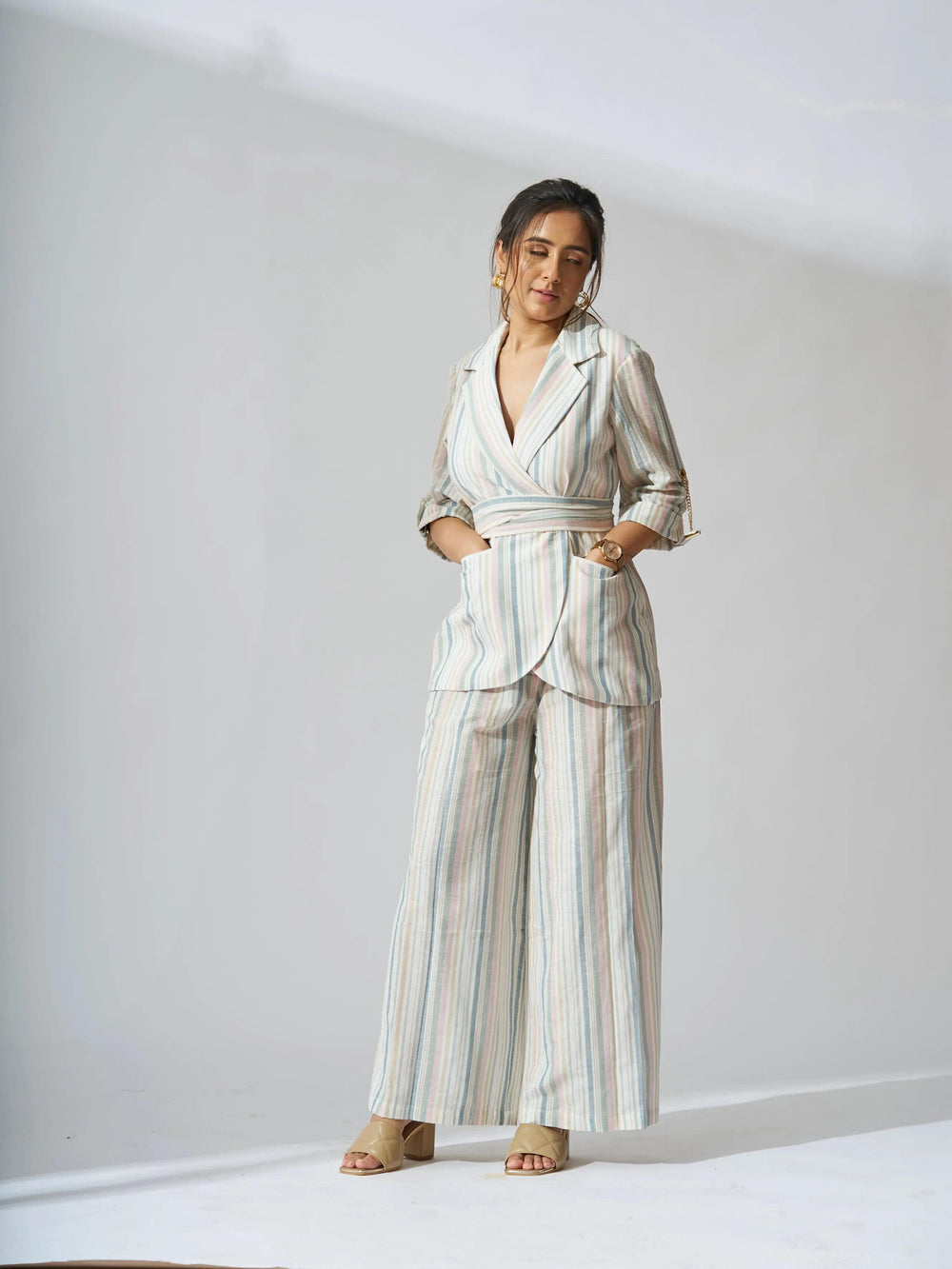 Risate women's striped linen blazer set styled for a chic and comfortable look