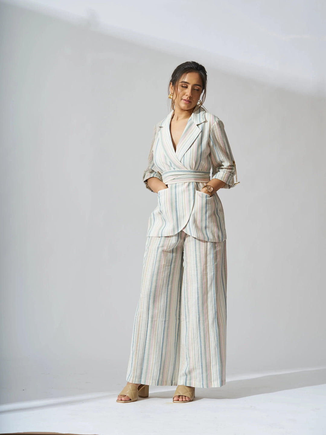 Risate women's striped linen blazer set styled for a chic and comfortable look