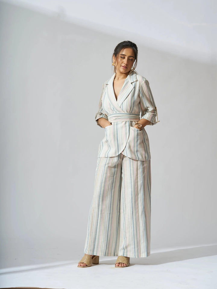 Risate women's striped linen blazer set styled for a chic and comfortable look
