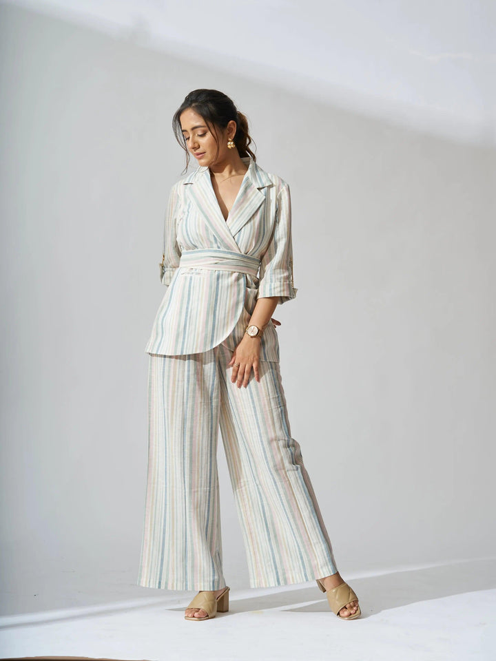 Stylish women's striped linen blazer set with a modern cut and wide-leg pants for a chic look