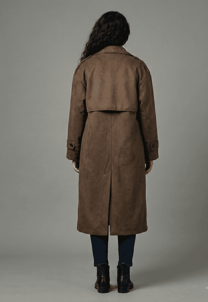 Back view of women's suede faux leather trench coat in brown, featuring a stylish design and comfortable fit.