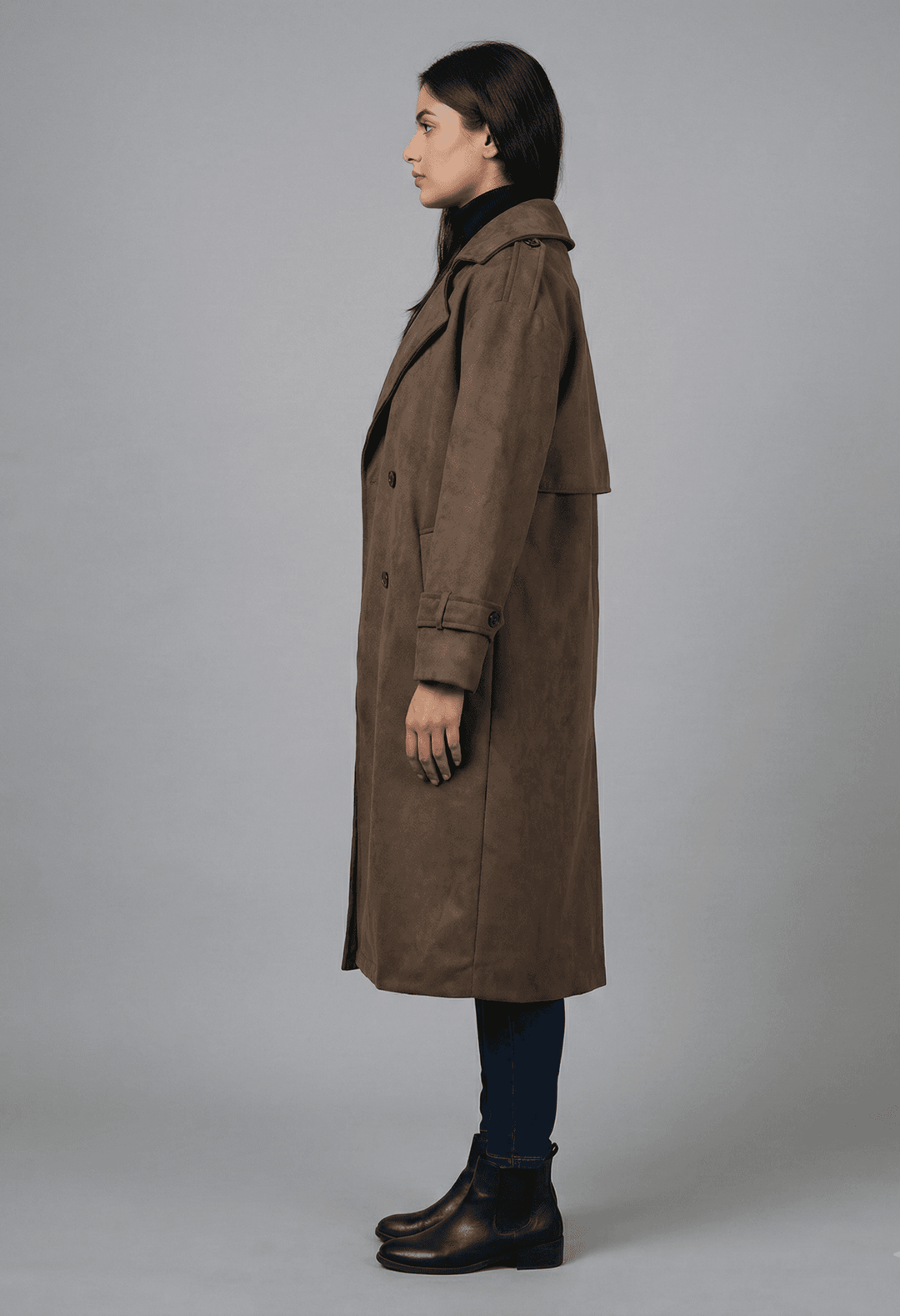 Risate women's suede faux leather trench coat in brown with a stylish silhouette and tailored fit