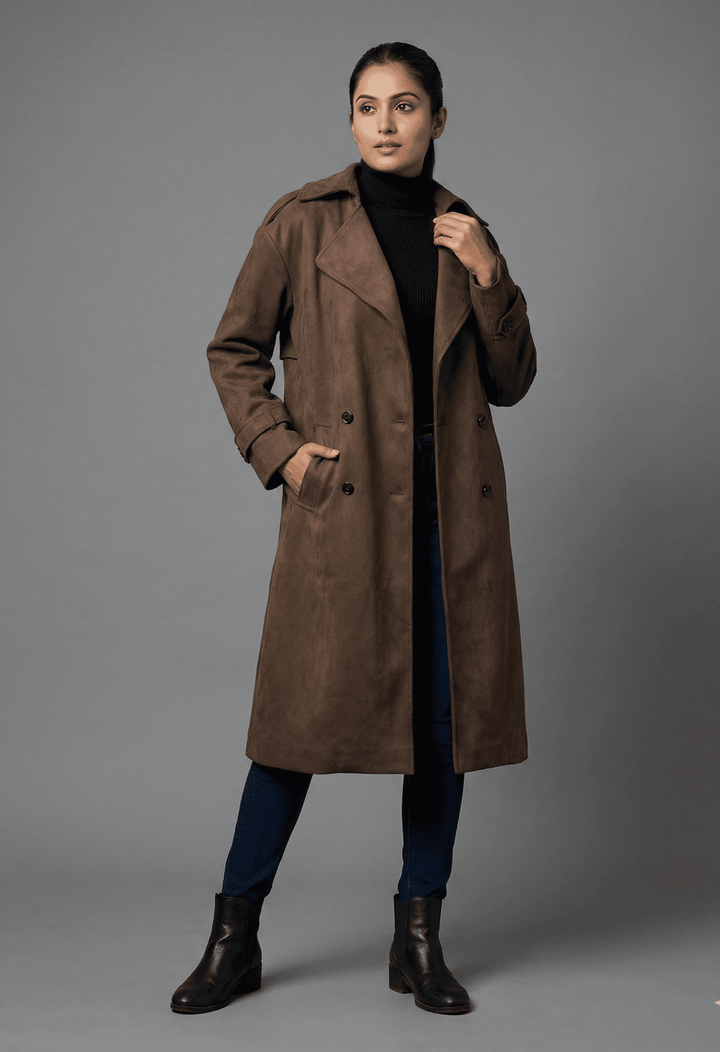 Elegant women's suede faux leather trench coat in brown with a stylish double-breasted design