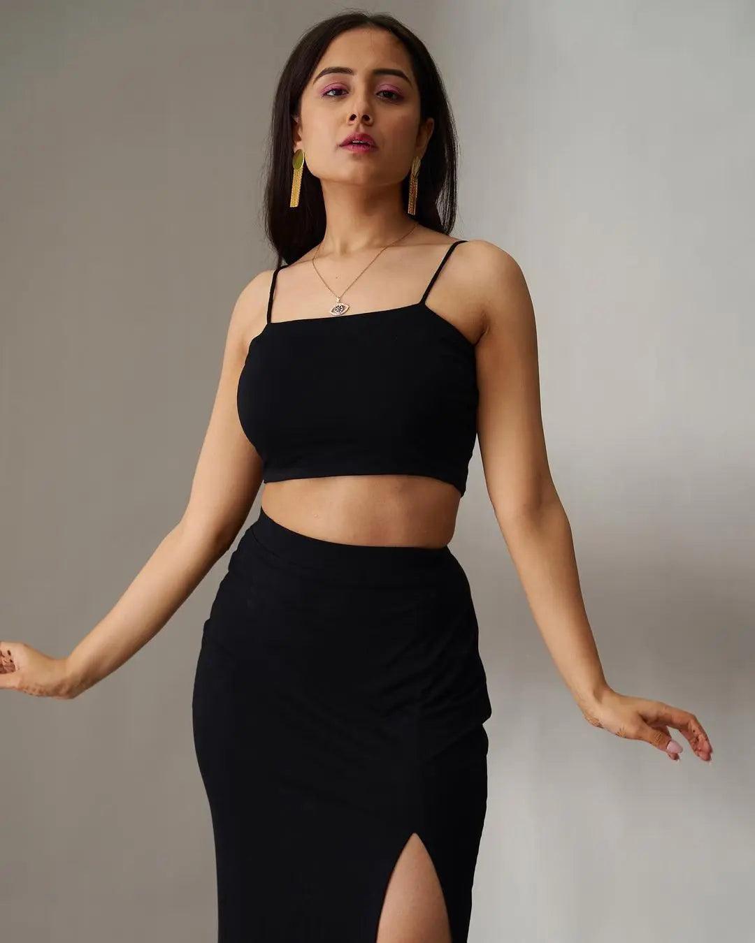 Risate women's summer co ord sets featuring a black crop top and a matching skirt