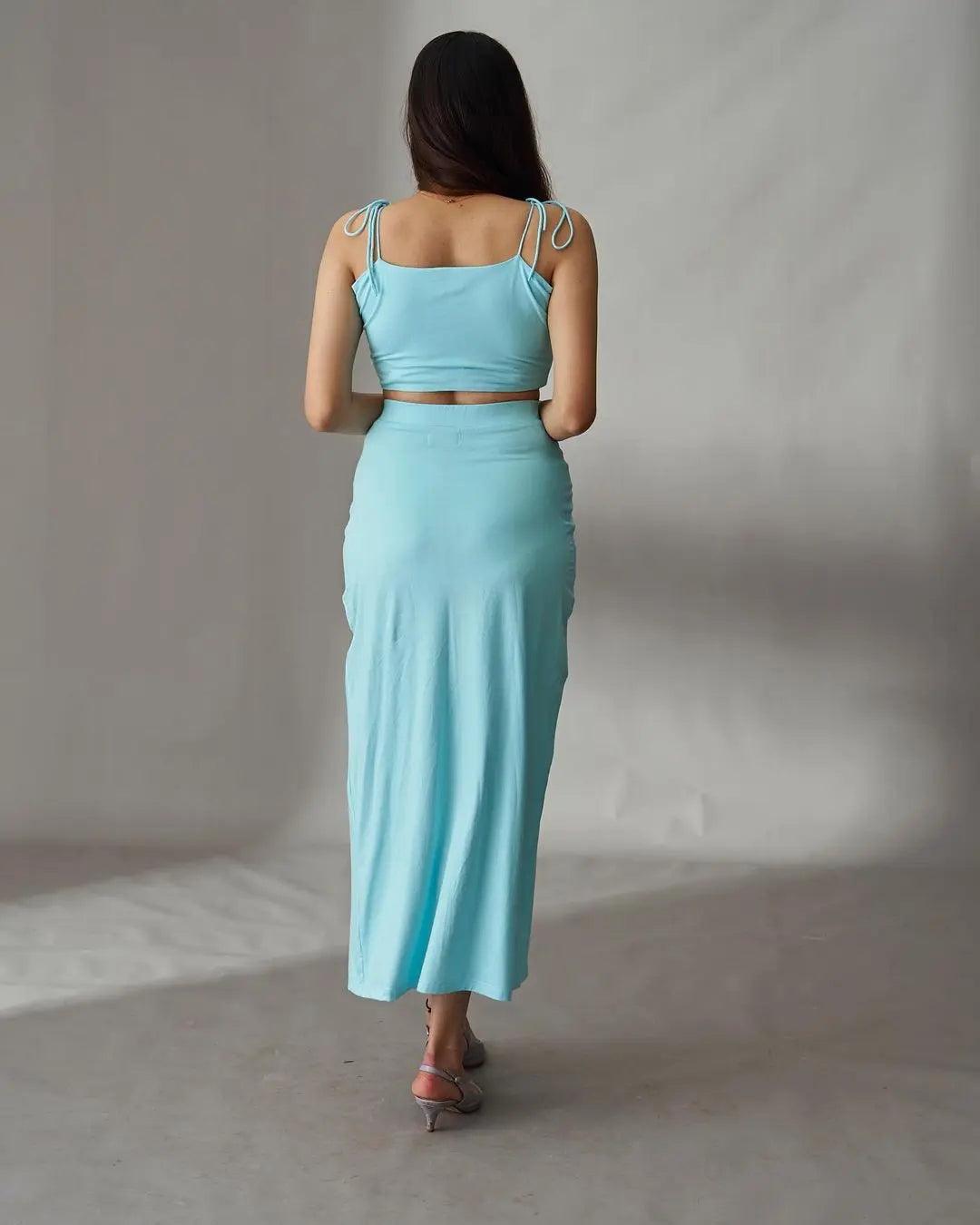 Risate women's summer co ord sets featuring a light blue crop top and matching skirt for a stylish look