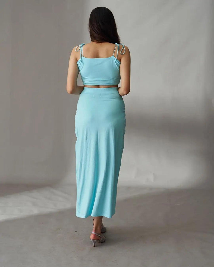 Risate women's summer co ord sets featuring a light blue crop top and matching skirt for a stylish look
