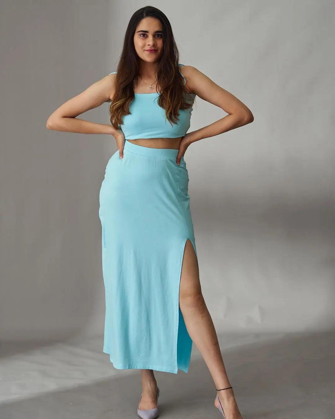 Risate women's summer co ord sets in light blue with a sleeveless top and thigh-high slit skirt