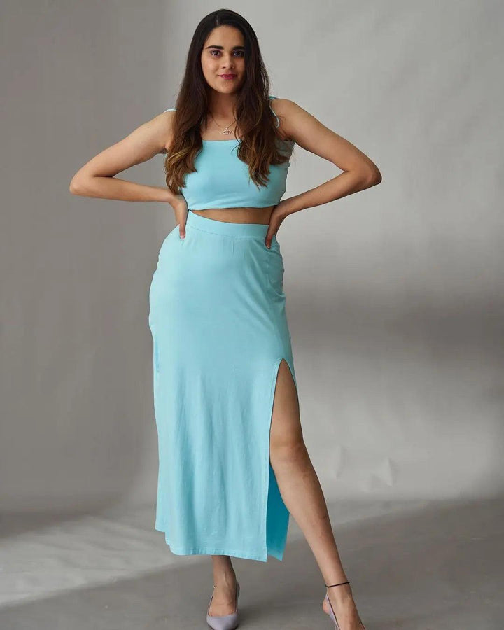 Risate women's summer co ord sets in light blue with a sleeveless top and thigh-high slit skirt