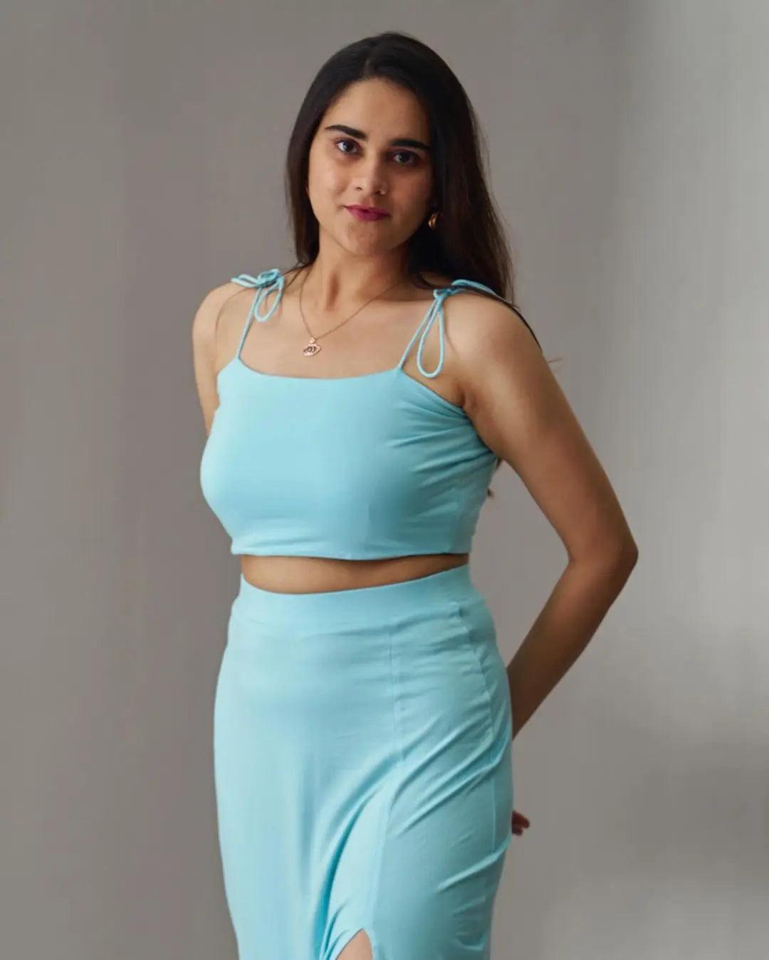 Risate women's summer co ord sets in light blue with a cropped top and stylish skirt
