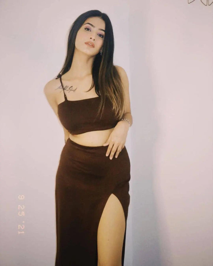 Risate women's summer co ord sets with a brown crop top and high-slit skirt for a chic summer look