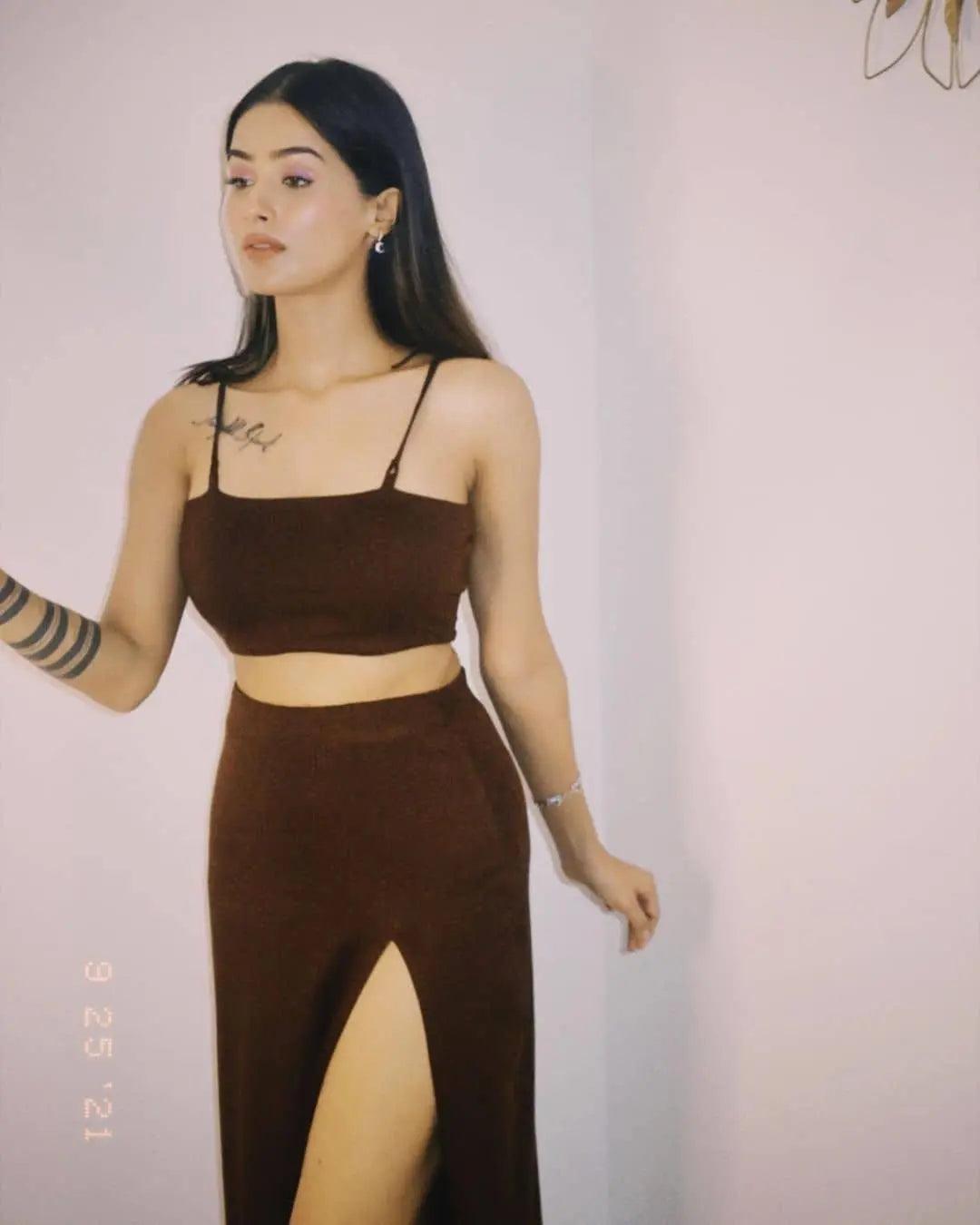Stylish Risate women's summer co ord sets featuring a crop top and high-slit skirt for a chic look